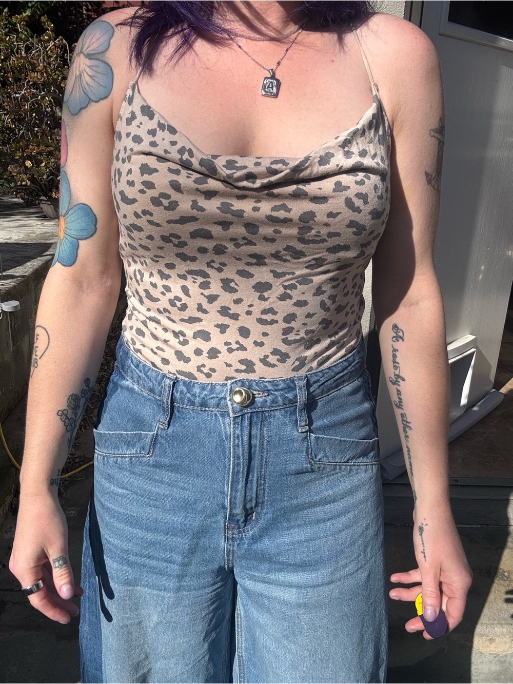 Abercrombie & Fitch Beige Leopard Cowl Neck Satin Bodysuit